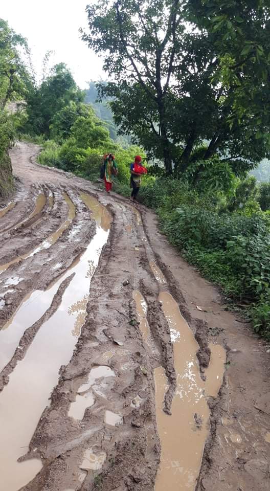 गाउँ बस्तिको बाटो हिलाम्मे र पहिरो ले टोल टोल पुन्ने गाढी मुल बाटो सम्म मात्र ।